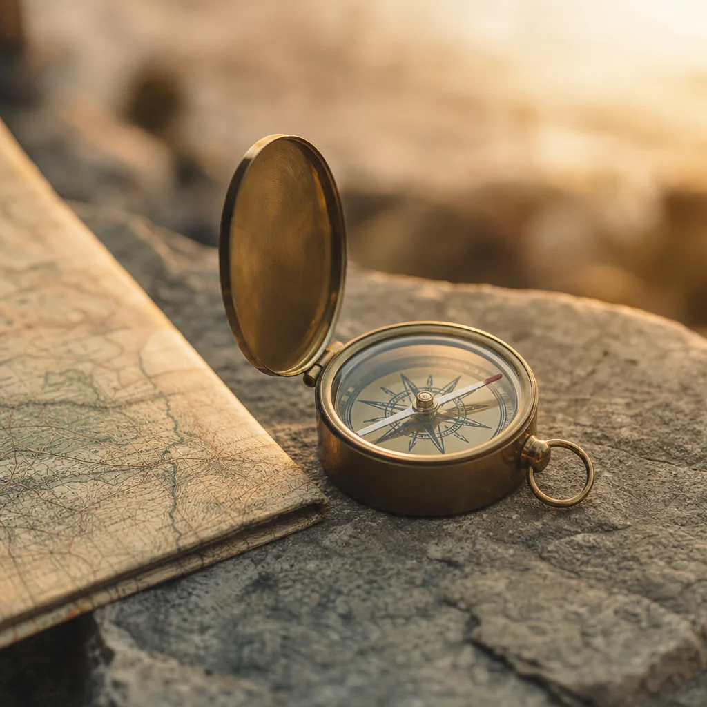 A small brass compass open and settled on a flat stone surface beside a folded paper map