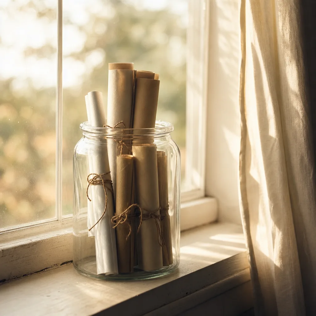 A clear glass jar holding several neatly rolled paper scrolls tied with thin cord