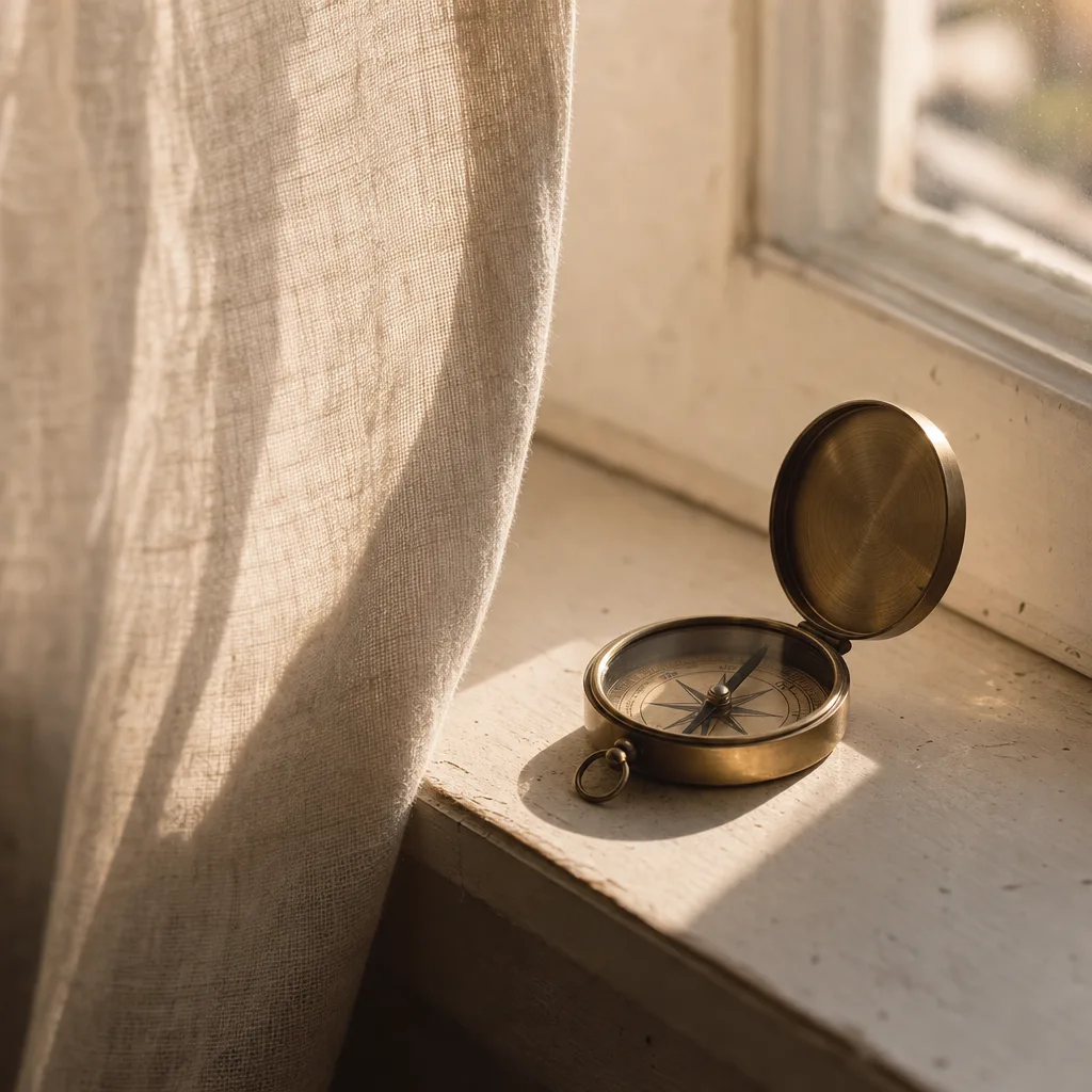 A small compass resting open on a sun-bleached windowsill