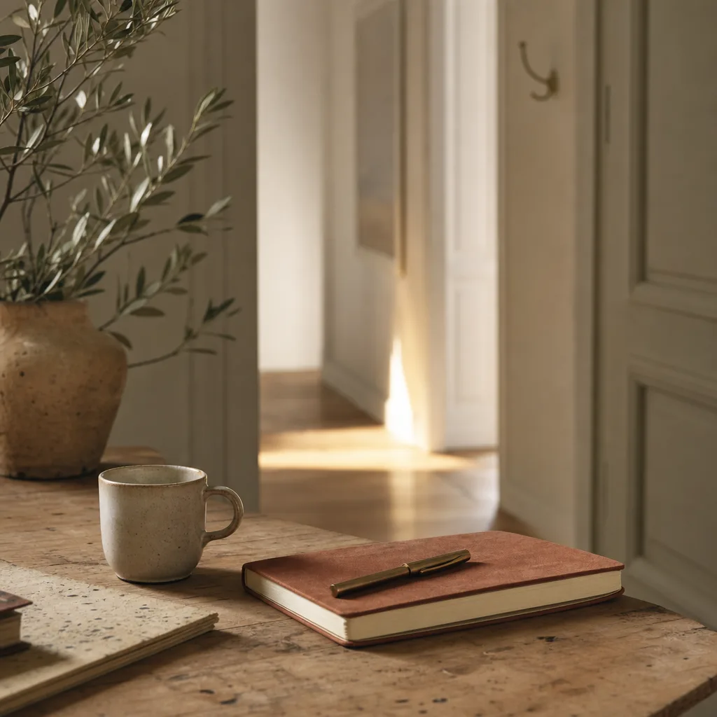 An open doorway leading to a sunlit hallway