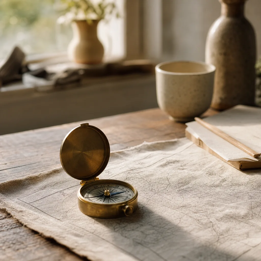 A small brass compass open and settled on a worn linen map