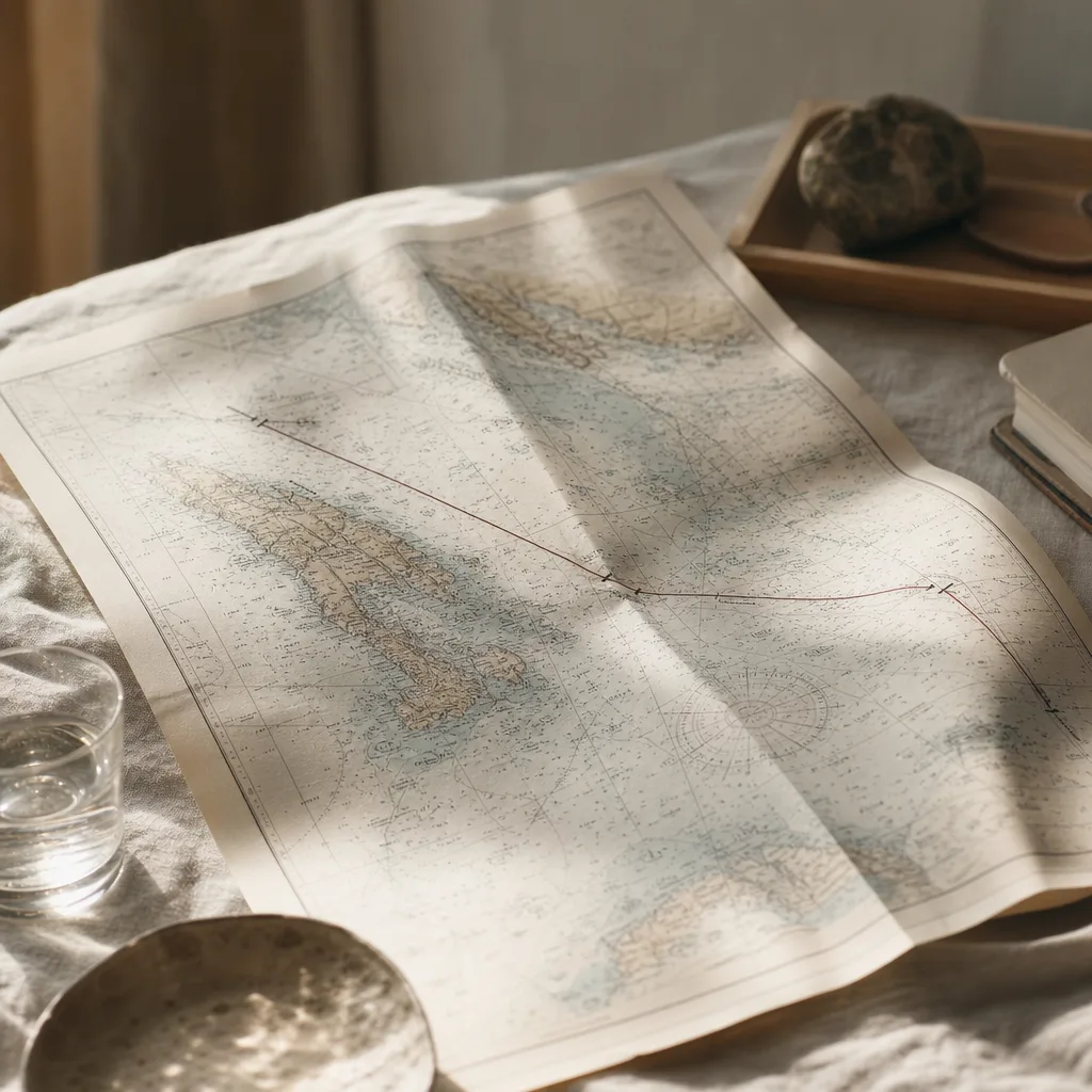 A single nautical chart folded open to a clear plotted course