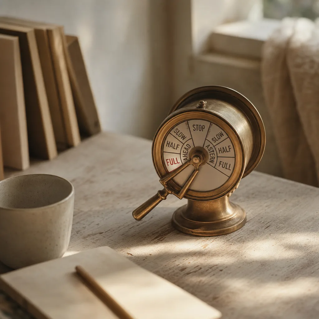 A small brass ship's telegraph dial set to full ahead