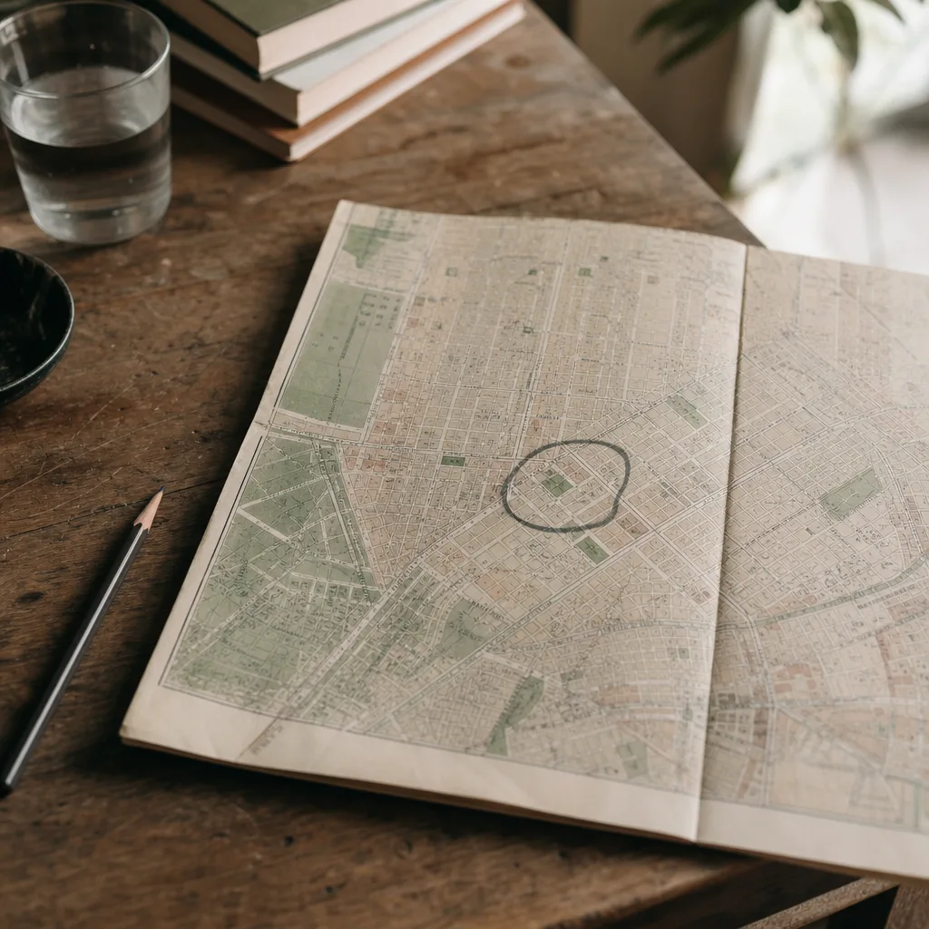 An open paper map folded to a single neighborhood