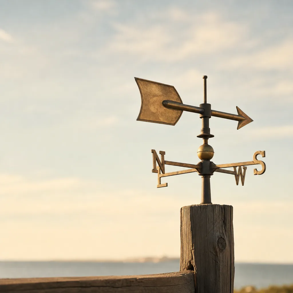 A brass weather vane mounted on a fence post