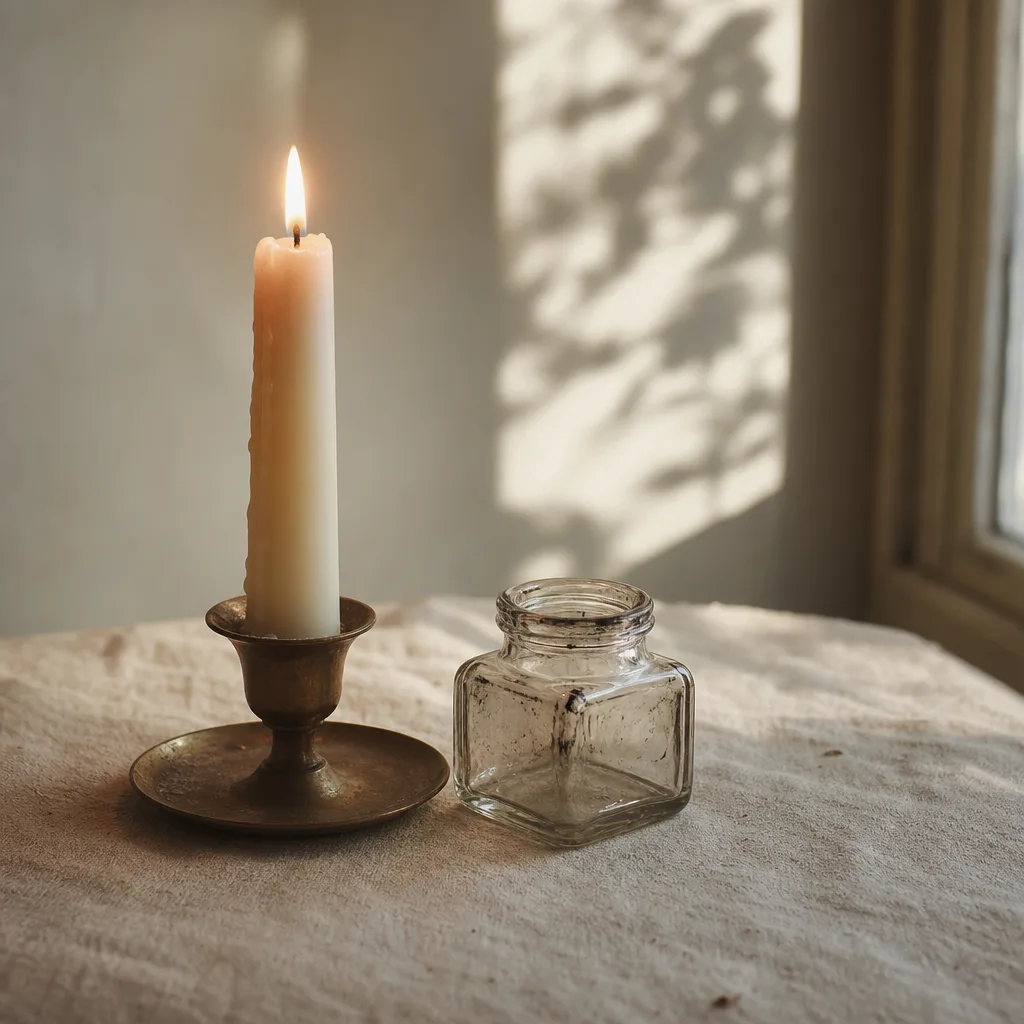 A single lit candle beside an empty glass inkwell on a pale linen surface