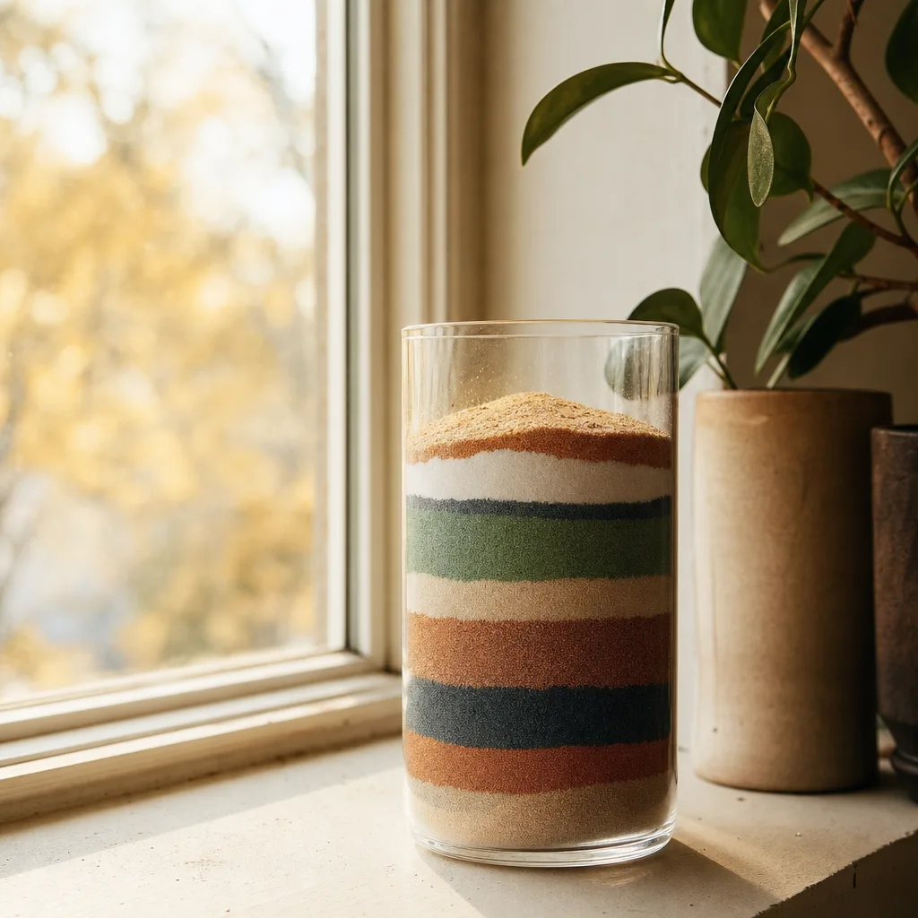 A clear glass jar filled with layered colored sand strata