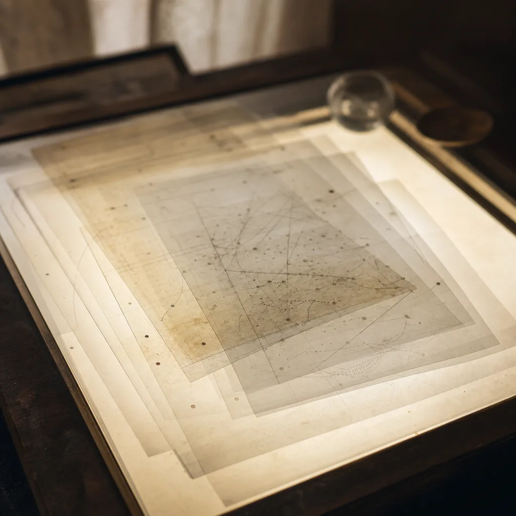 A collection of layered transparent acetate sheets stacked slightly offset on a light table
