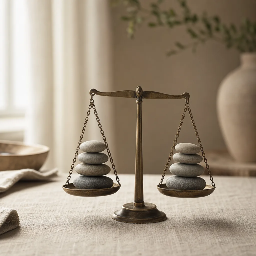 A small balance scale with several smooth river stones stacked evenly on each pan