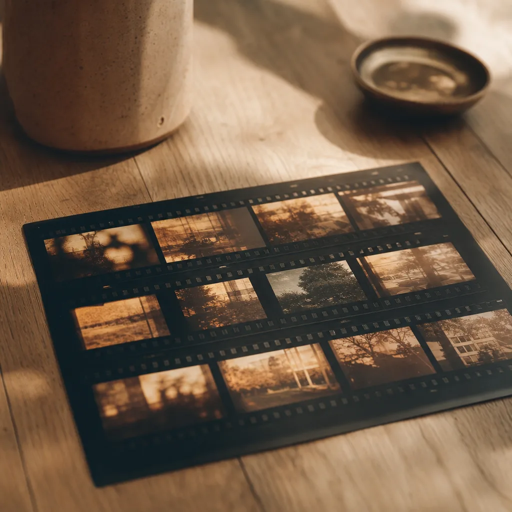 A vintage film contact sheet lying flat on a light oak table