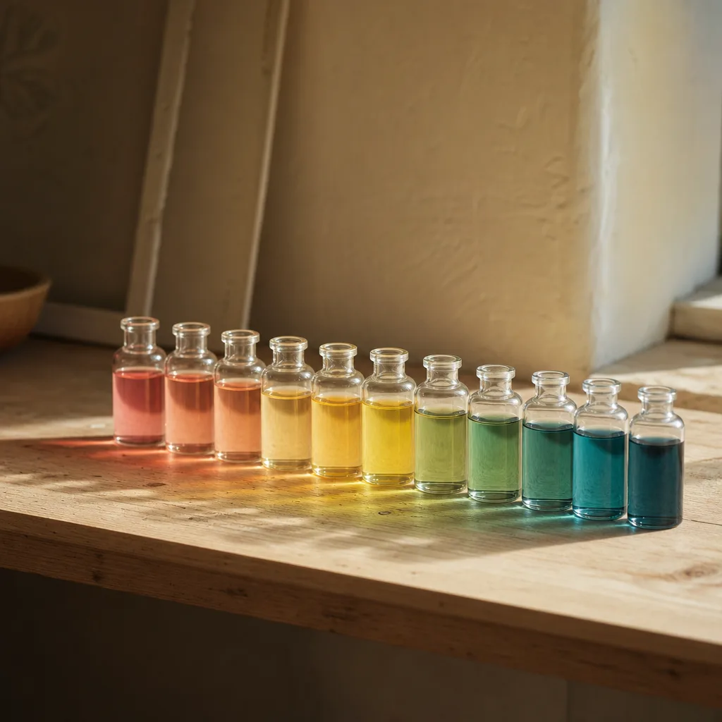 A row of small glass vials filled with colored liquids arranged by gradation on a light oak shelf