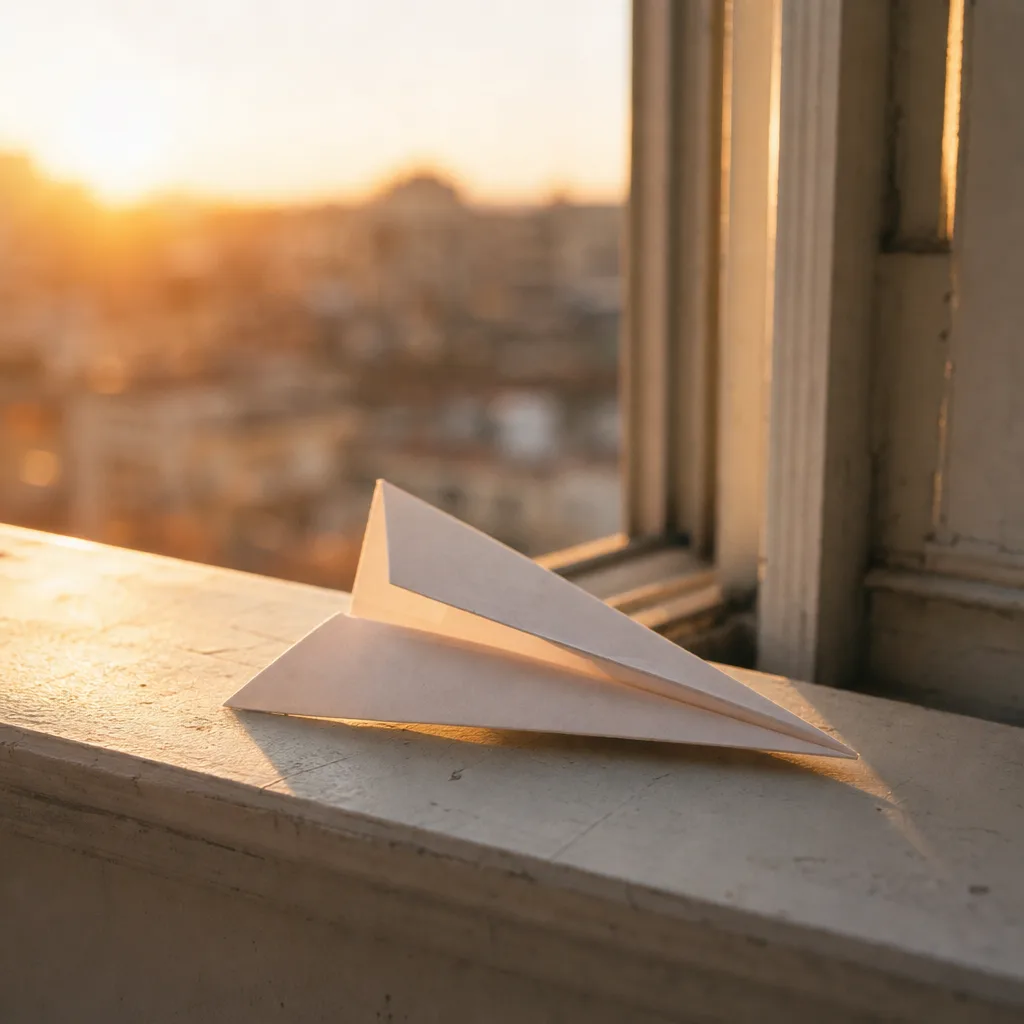 A single sent paper airplane resting open on a windowsill ledge
