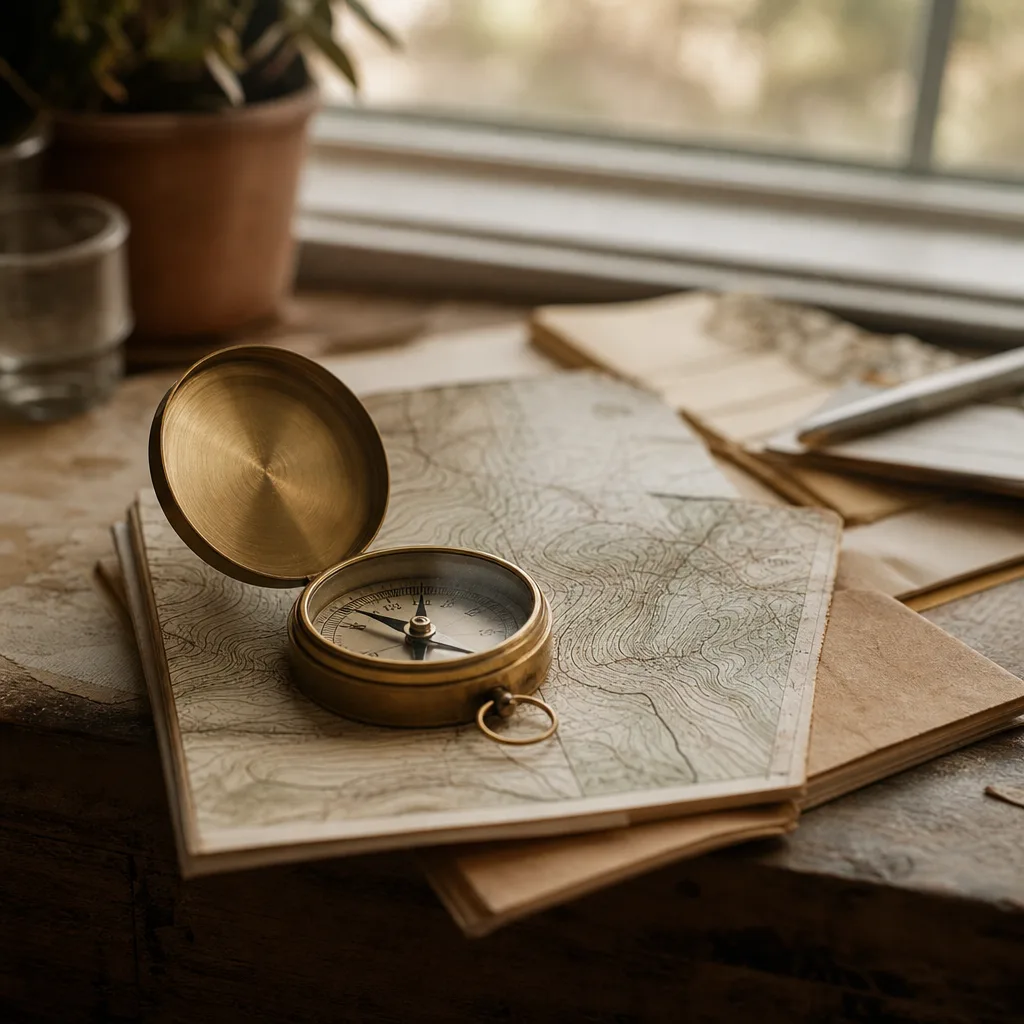 A cartographer's compass resting open on a hand-drawn topographic map