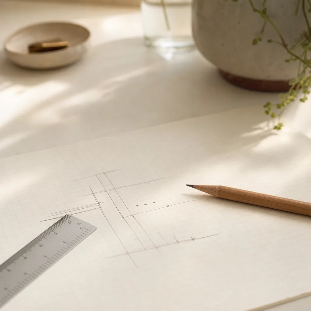 A small architect's ruler and a pencil resting on a clean sheet of graph paper with a few deliberate marks sketched out