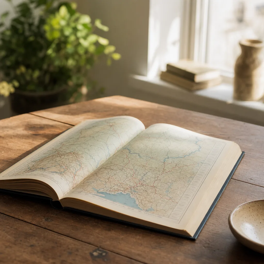 A single open road atlas lying flat