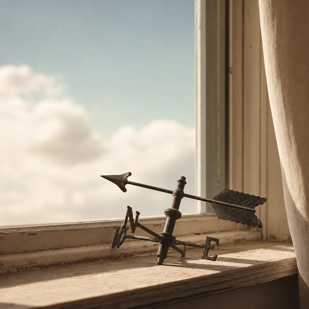 A single weathervane lying flat on a sun-bleached windowsill