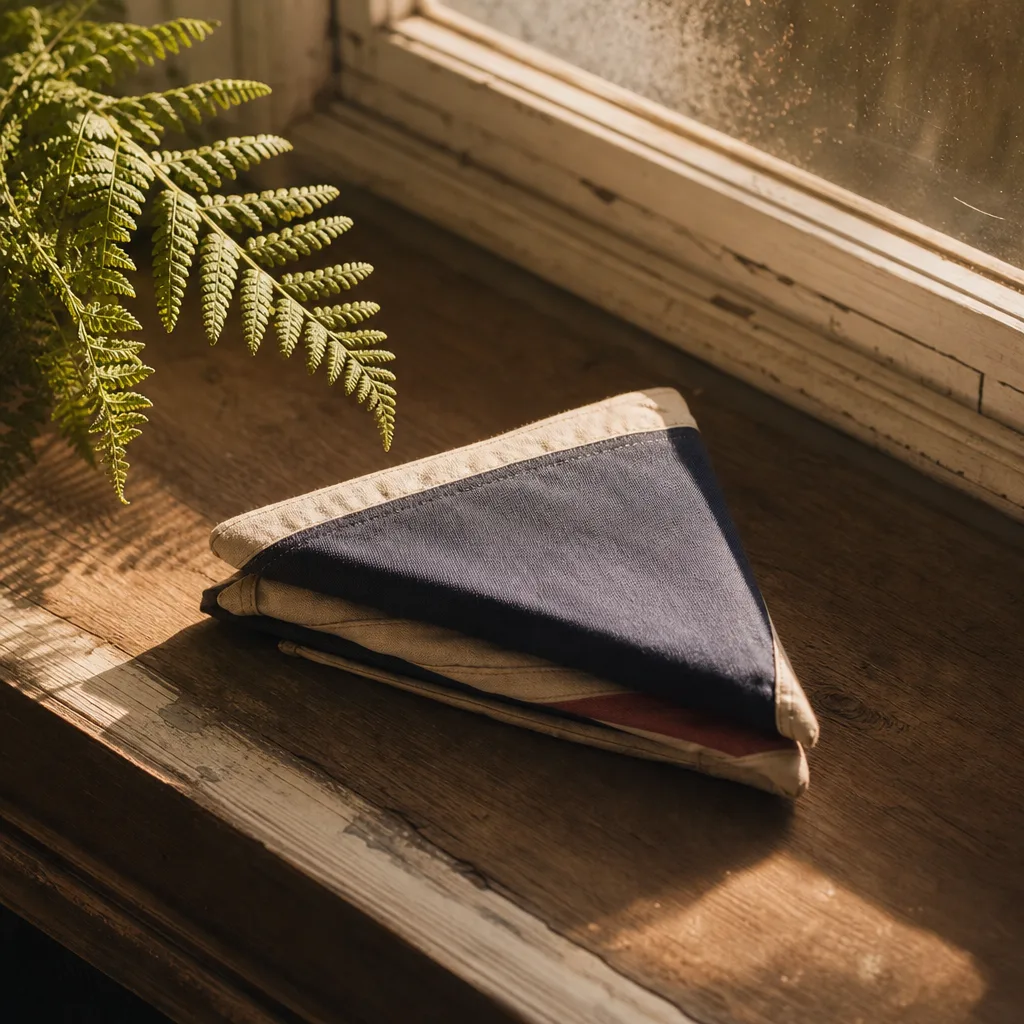 A wooden signal flag folded into a neat triangle placed on a sunlit windowsill beside a fern frond