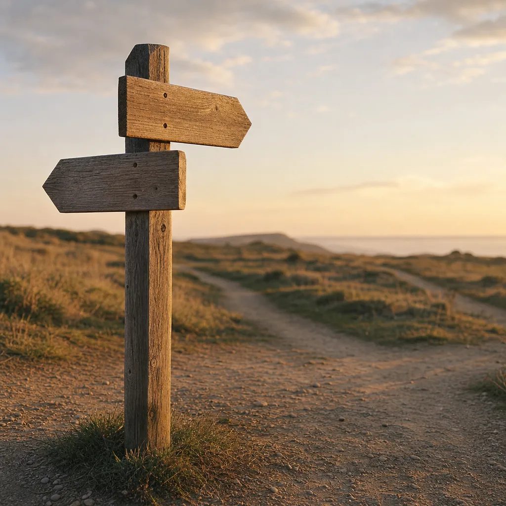 A single wooden signpost at a quiet fork in a dirt path