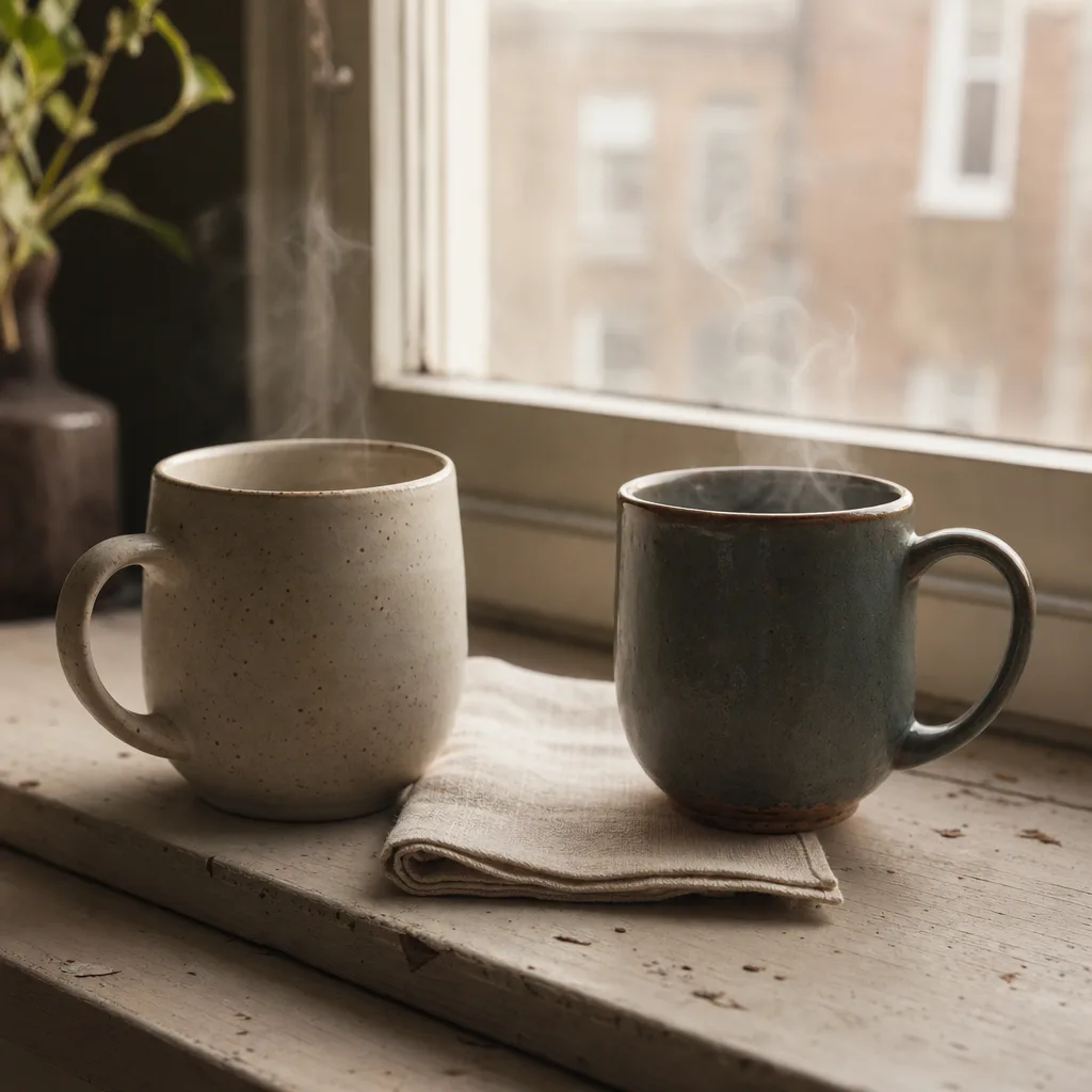 Two mismatched ceramic mugs placed close together on a sunlit windowsill