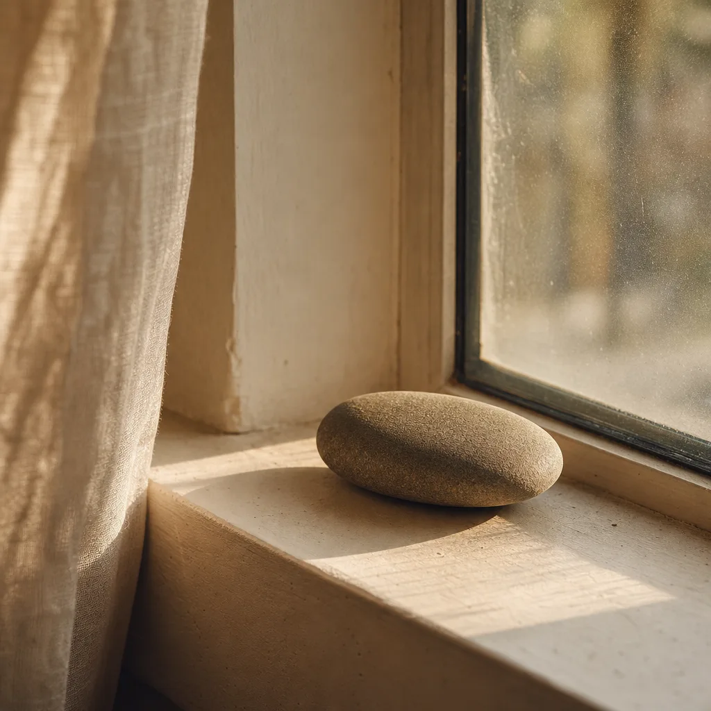 A smooth river stone placed deliberately on the edge of a sun-warmed windowsill