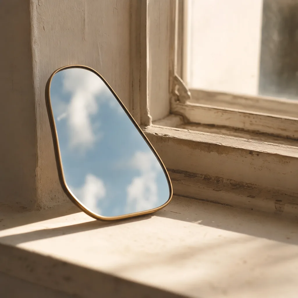 A small hand mirror angled against a sun-bleached windowsill reflecting a sliver of bright open sky