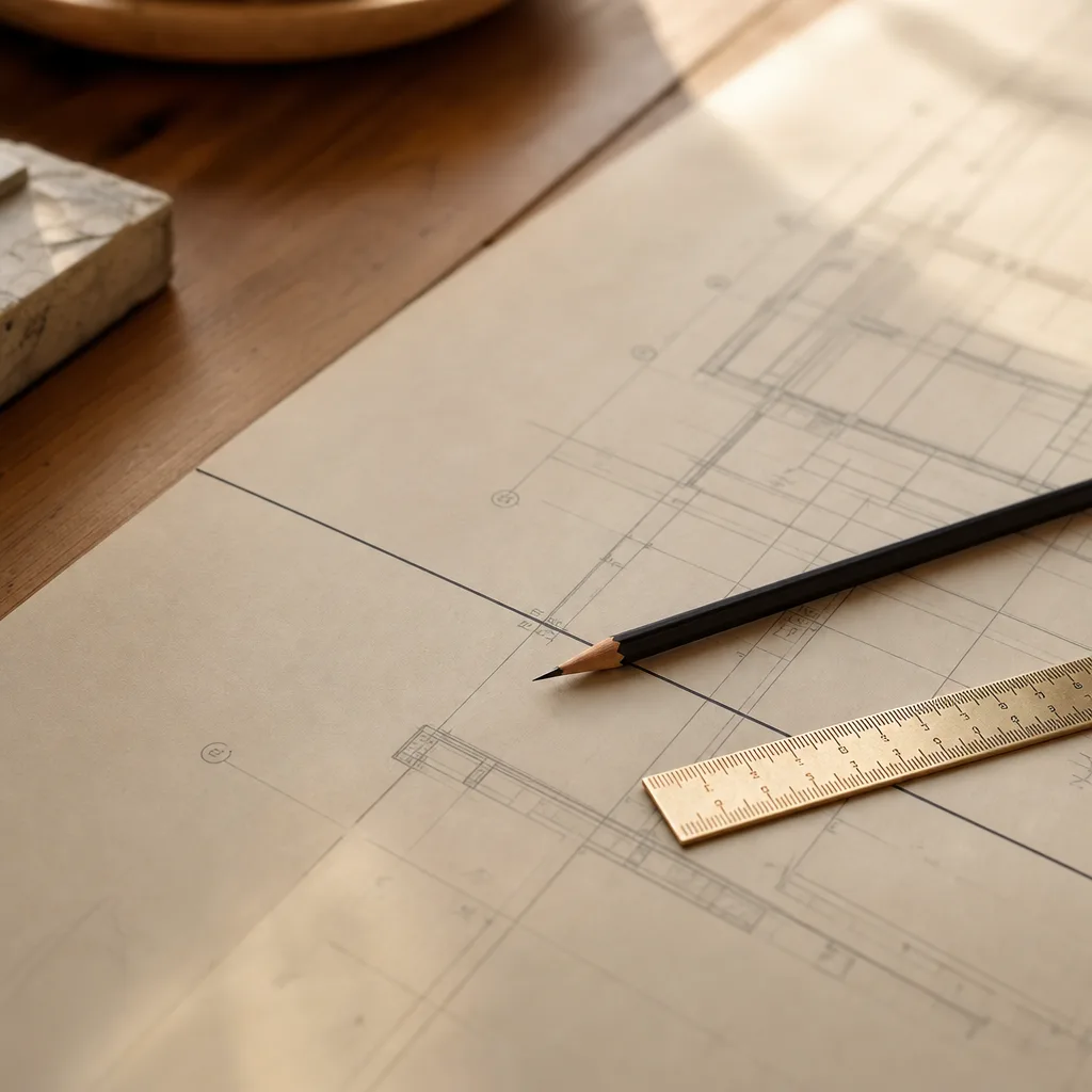 A small architect's ruler and a freshly sharpened pencil resting on a clean blueprint grid