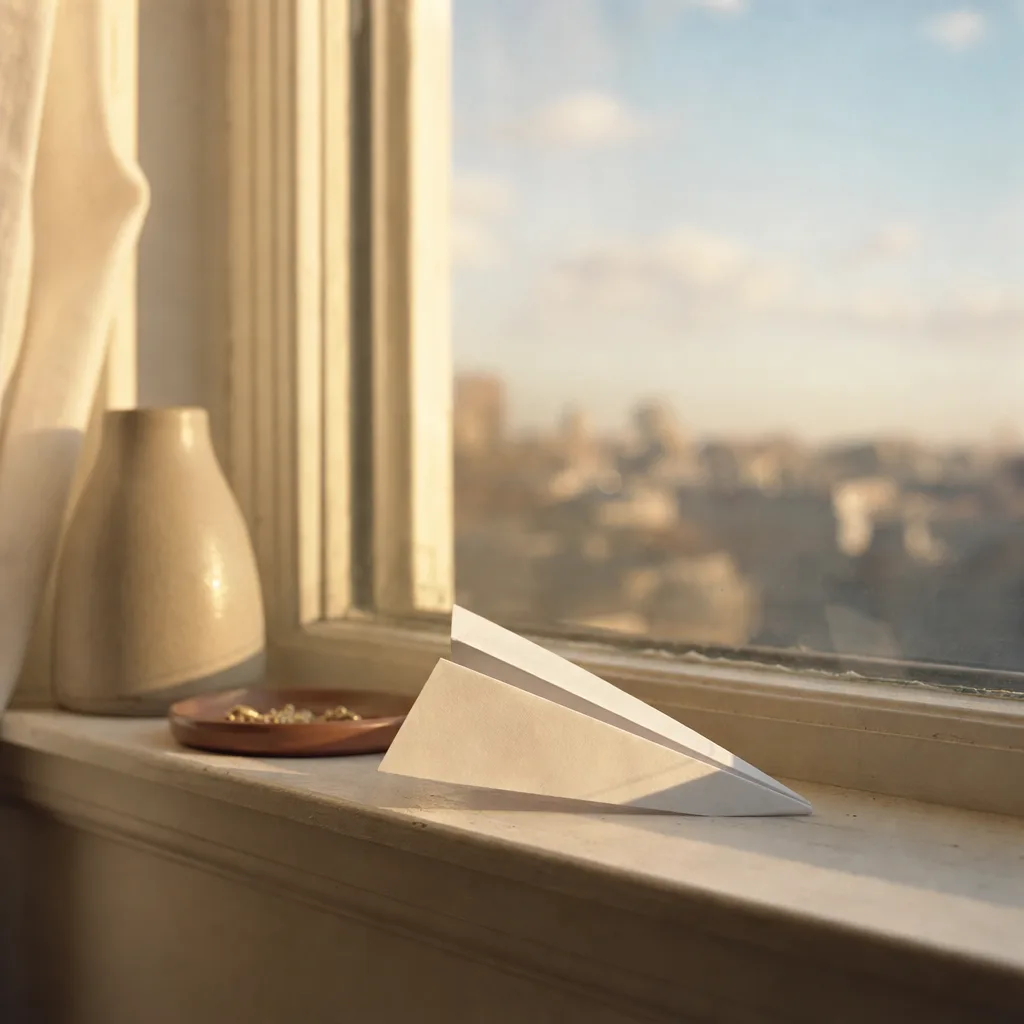 A small paper airplane resting on a windowsill ledge