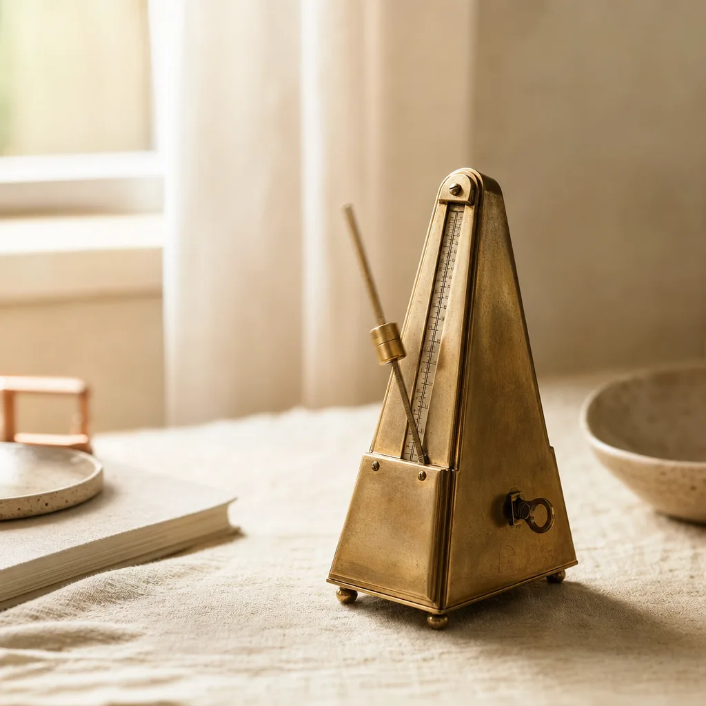 A small brass metronome tilted mid-swing on a pale linen surface