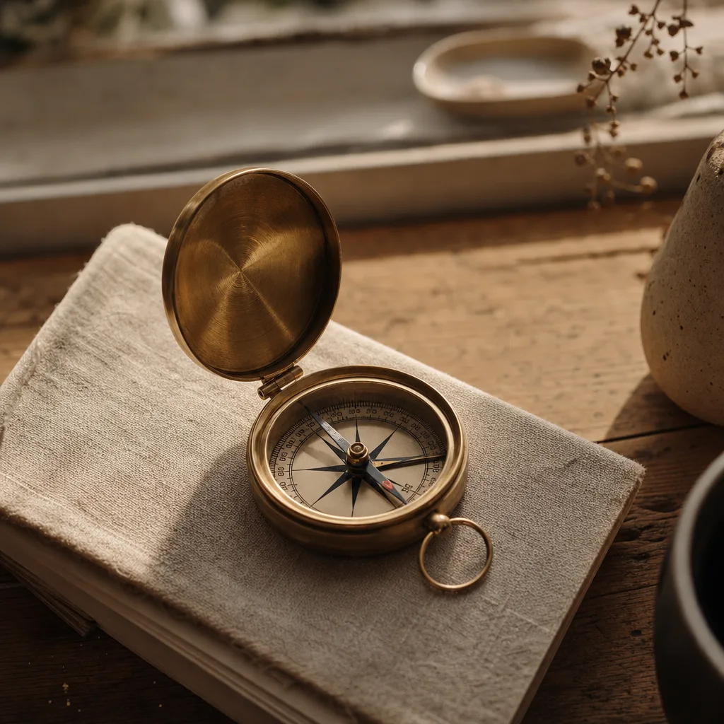 A vintage compass lying open and oriented on a textured linen surface