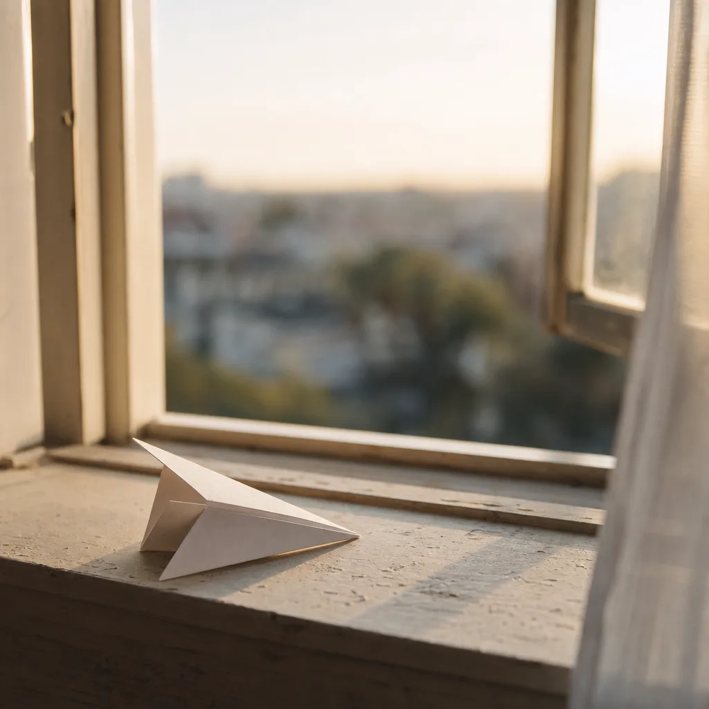 A folded paper airplane resting on a windowsill