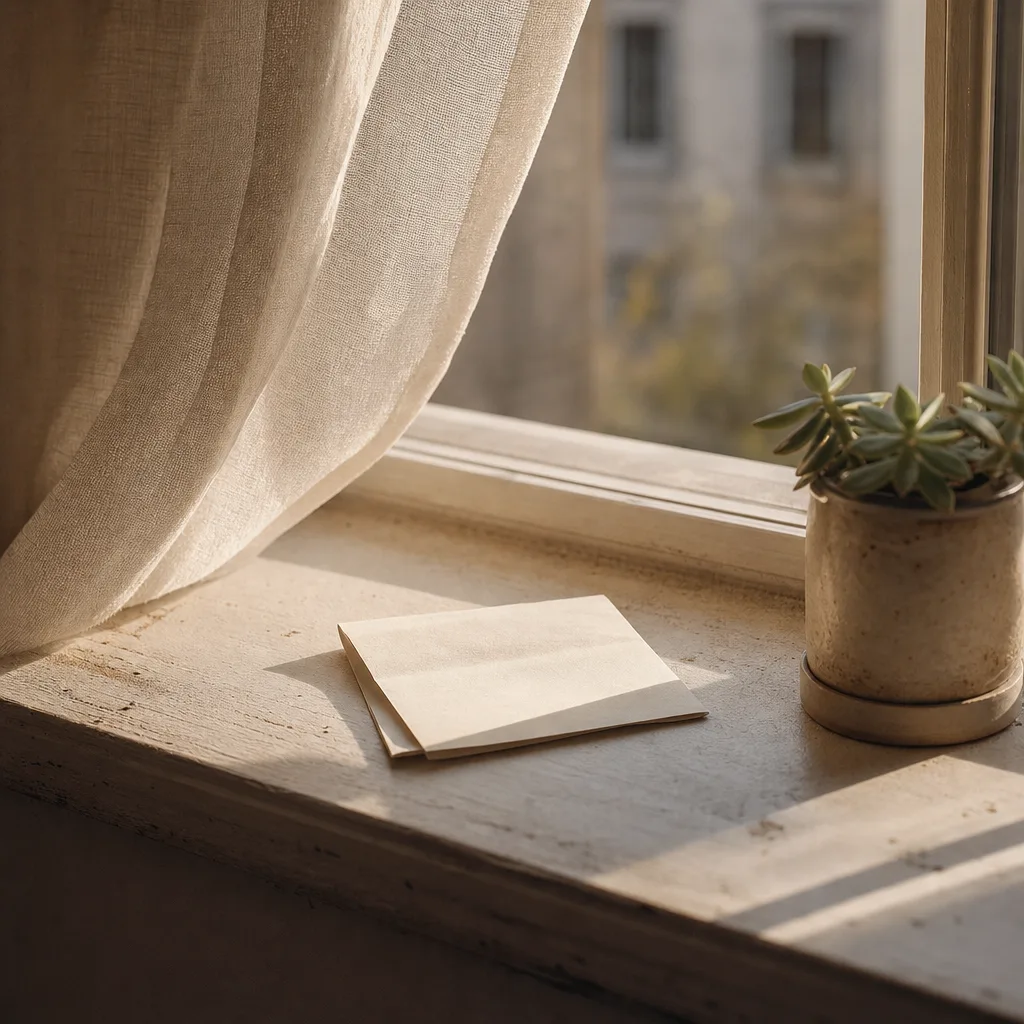 A single unsent paper note folded once beside an open window