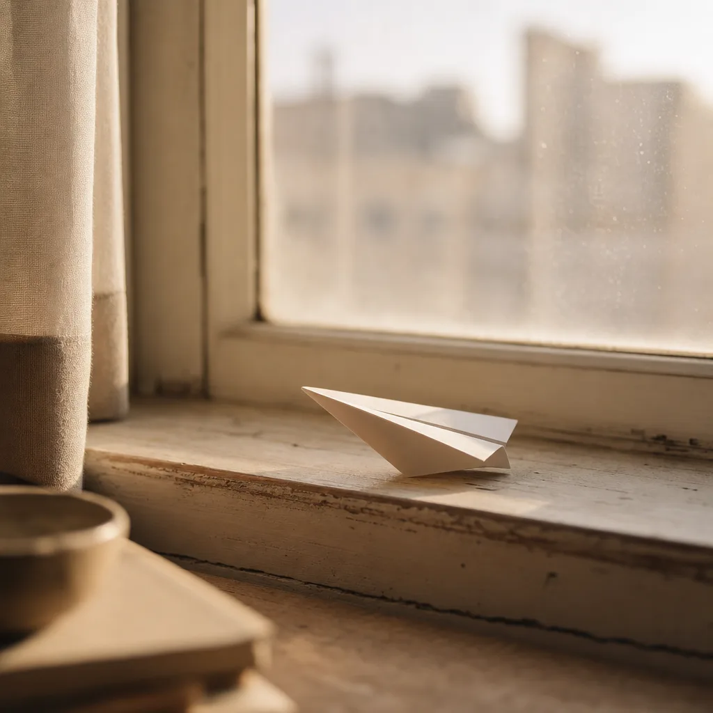 A small paper airplane resting on a windowsill