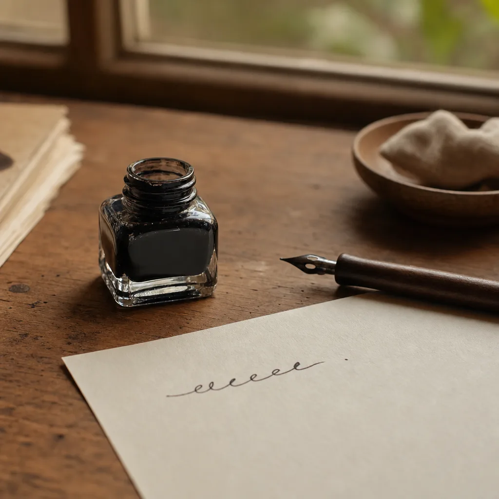 A small glass bottle of ink beside a freshly dipped nib resting on its holder