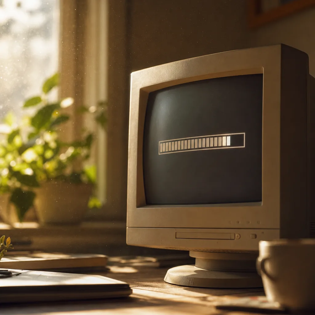 A fresh software update progress bar displayed on a small retro monitor screen
