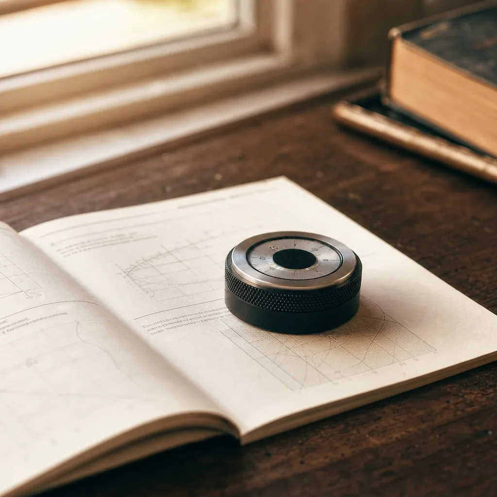 A small handheld calibration tool resting on an open technical manual