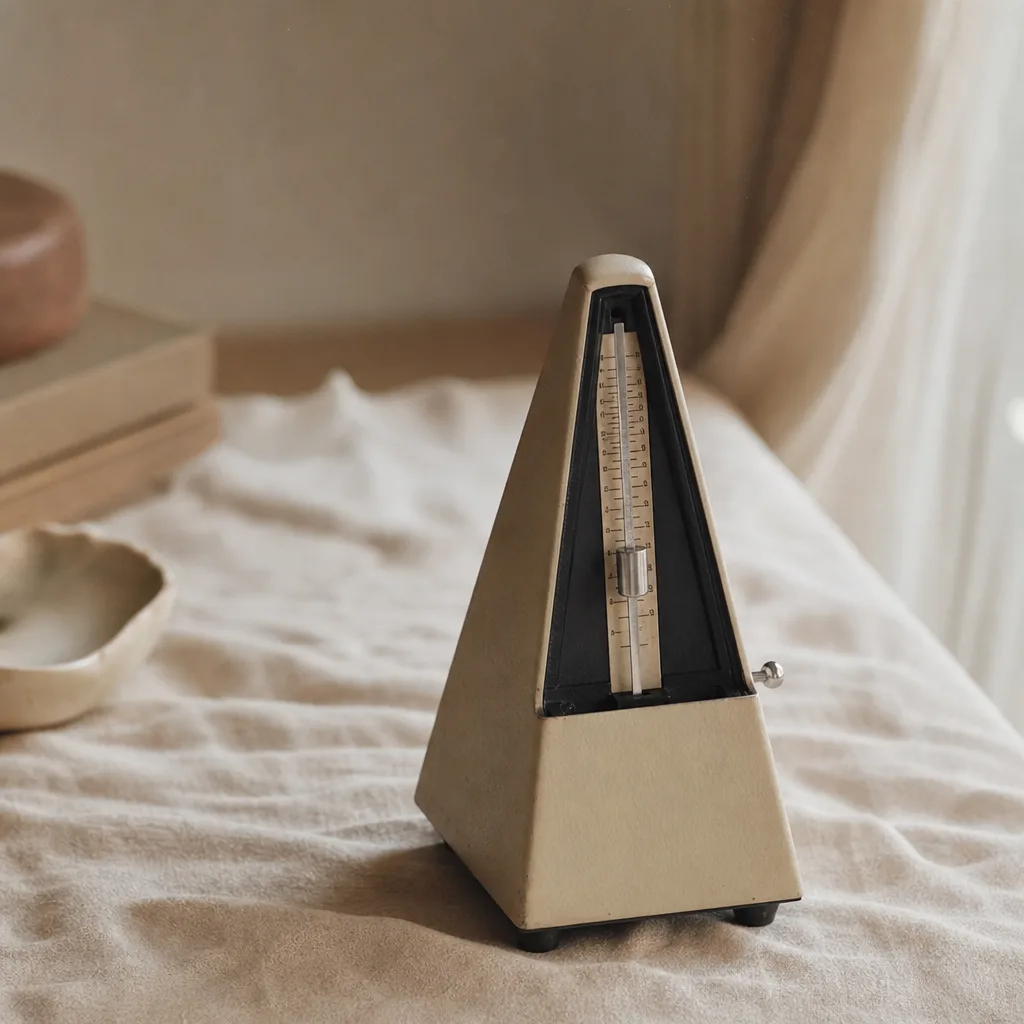A small analog metronome standing upright on a pale linen surface
