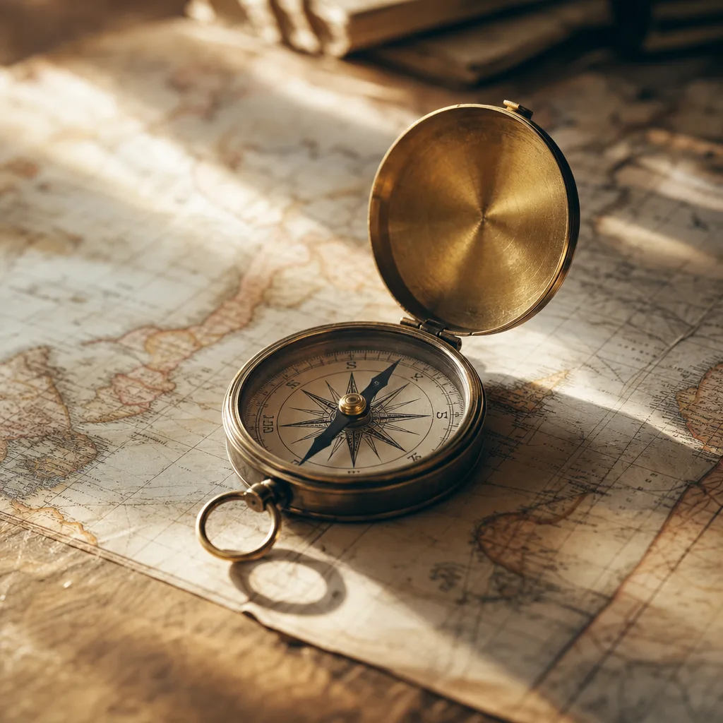 Vintage compass placed open on a sun-faded map