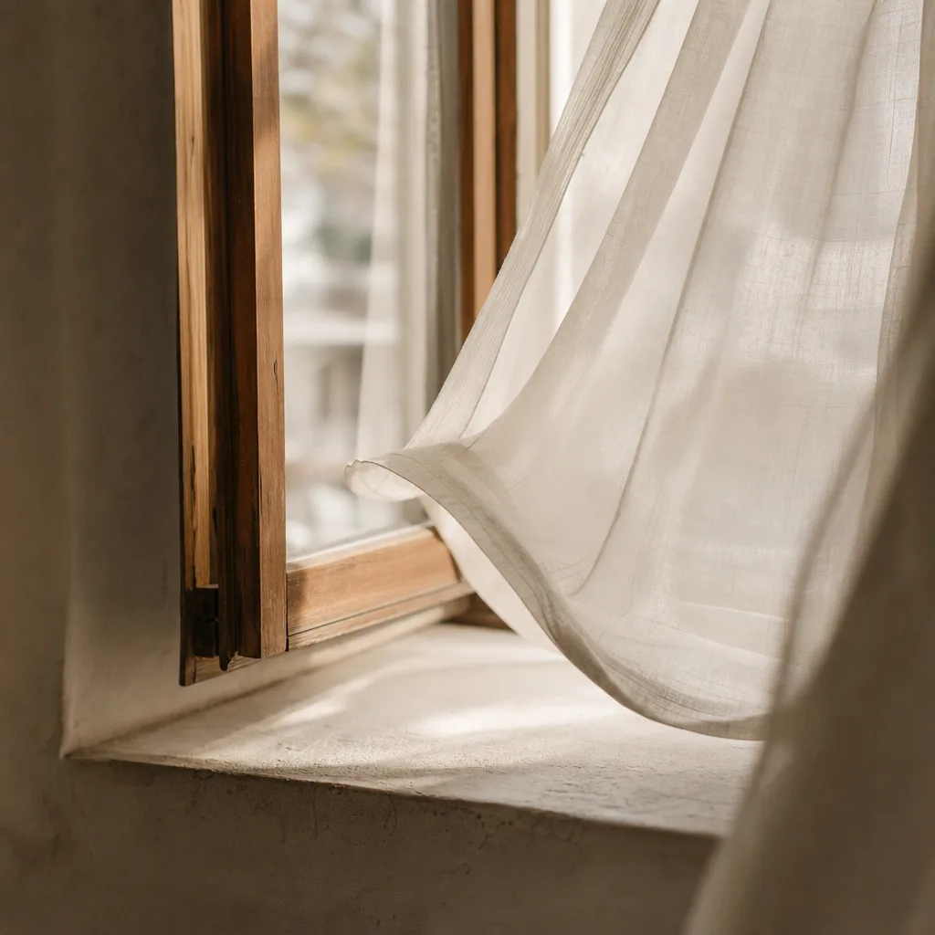 A narrow wooden window left slightly open