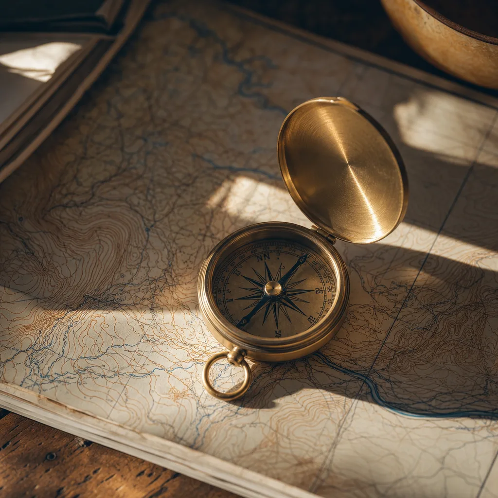 A brass compass resting open on a topographic map