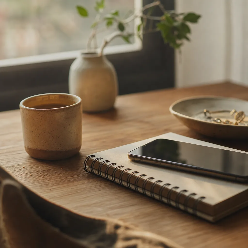 A small desktop spirit level resting on a pale oak surface
