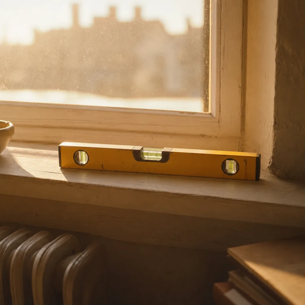 A single spirit level resting on a sun-warmed windowsill