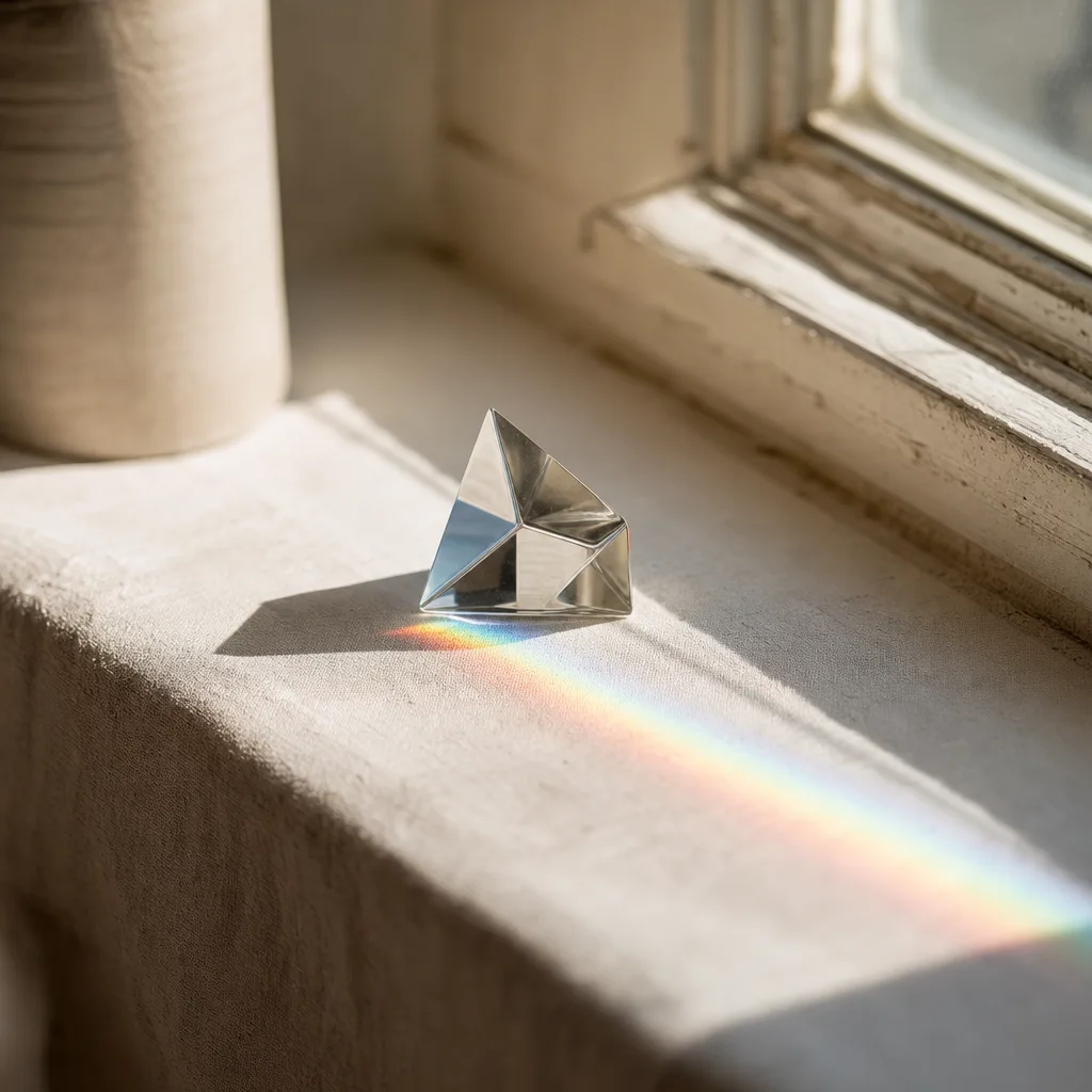 A small glass prism resting on a pale linen windowsill