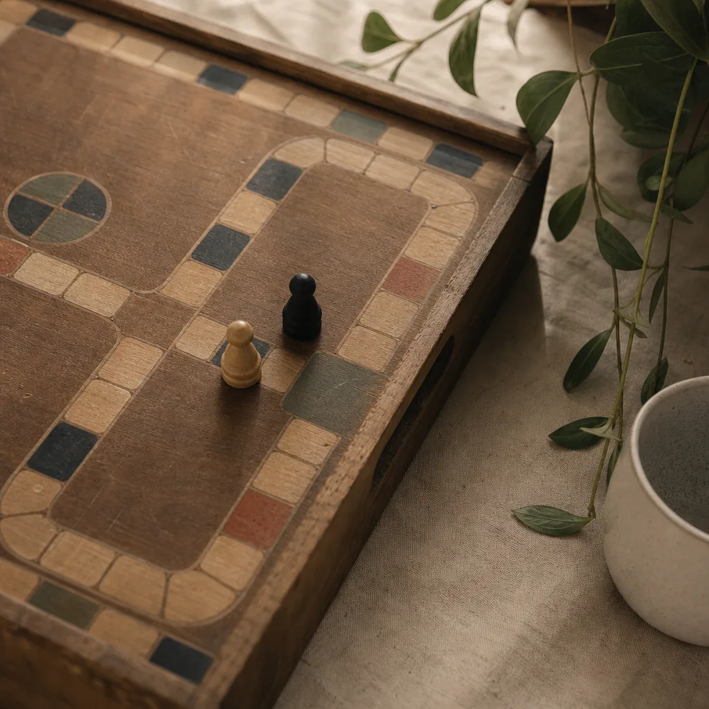 A wooden board game with two playing pieces mid-move on a path of spaces