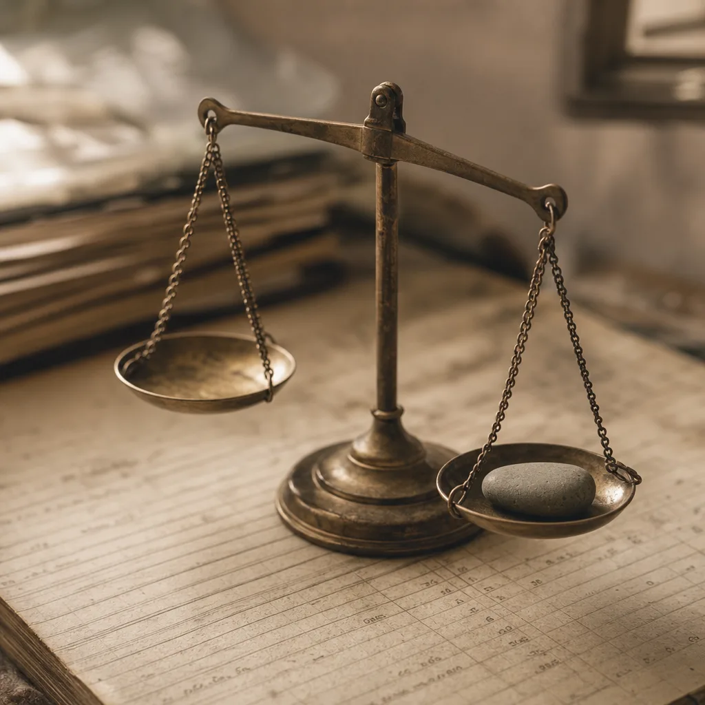 A small brass scale with one empty pan and the other holding a single smooth stone