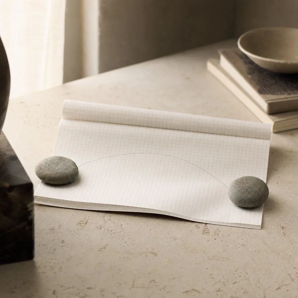 A half-unrolled scroll of graph paper pinned open by two small river stones