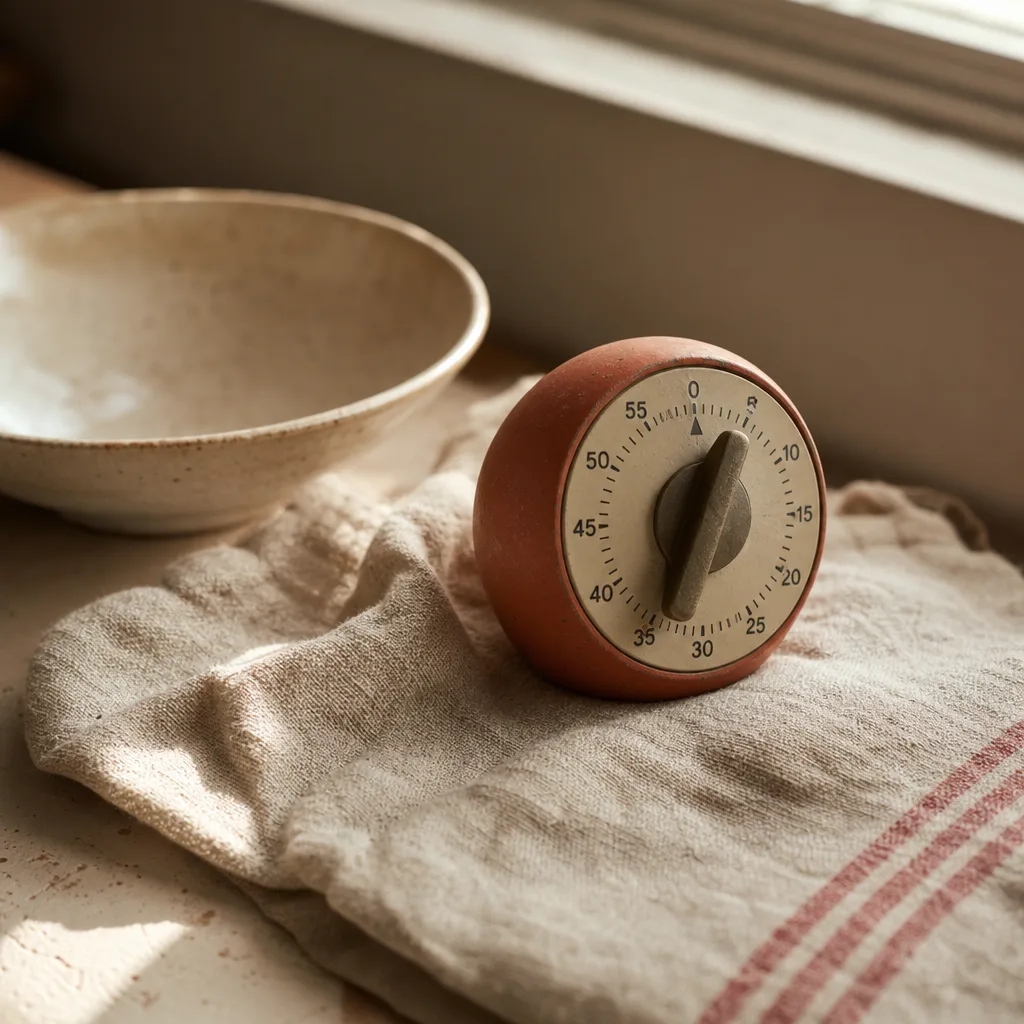 A analog kitchen timer mid-wind sitting on a worn linen cloth next to an empty ceramic bowl
