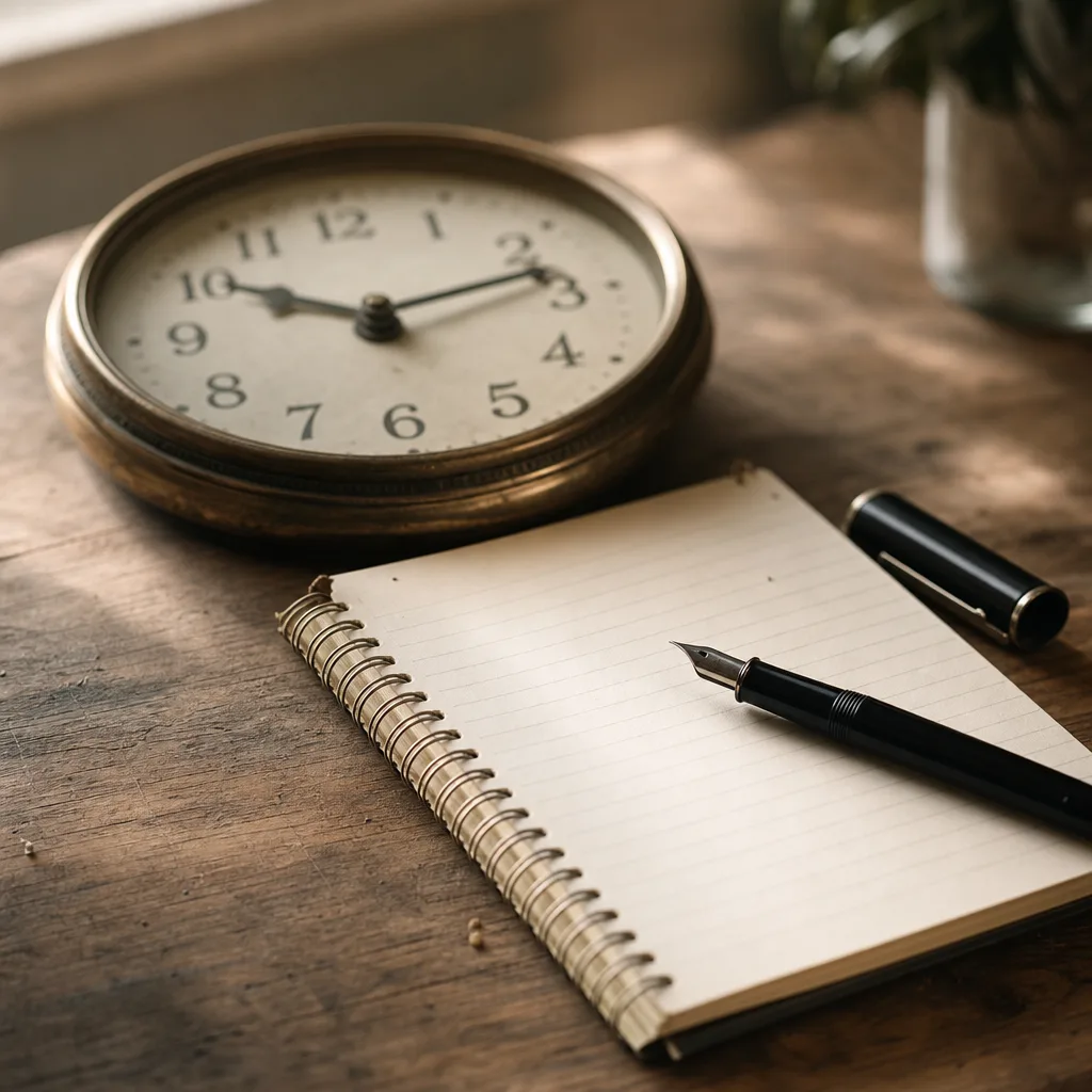 A vintage analog clock face lying flat on a wooden desk