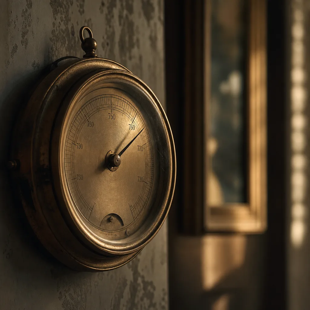 A vintage barometer mounted on a dimly lit wall