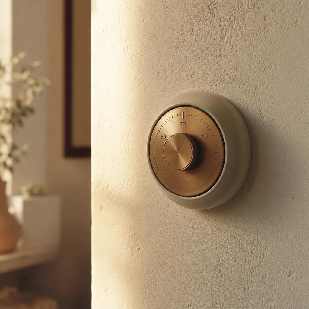 A thermostat dial on a textured plaster wall