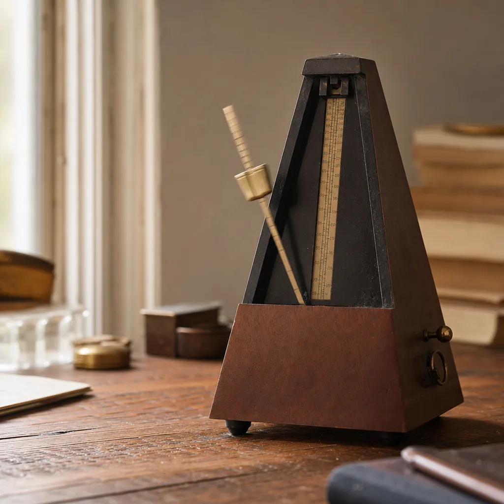 A vintage mechanical metronome mid-swing on a worn oak desk